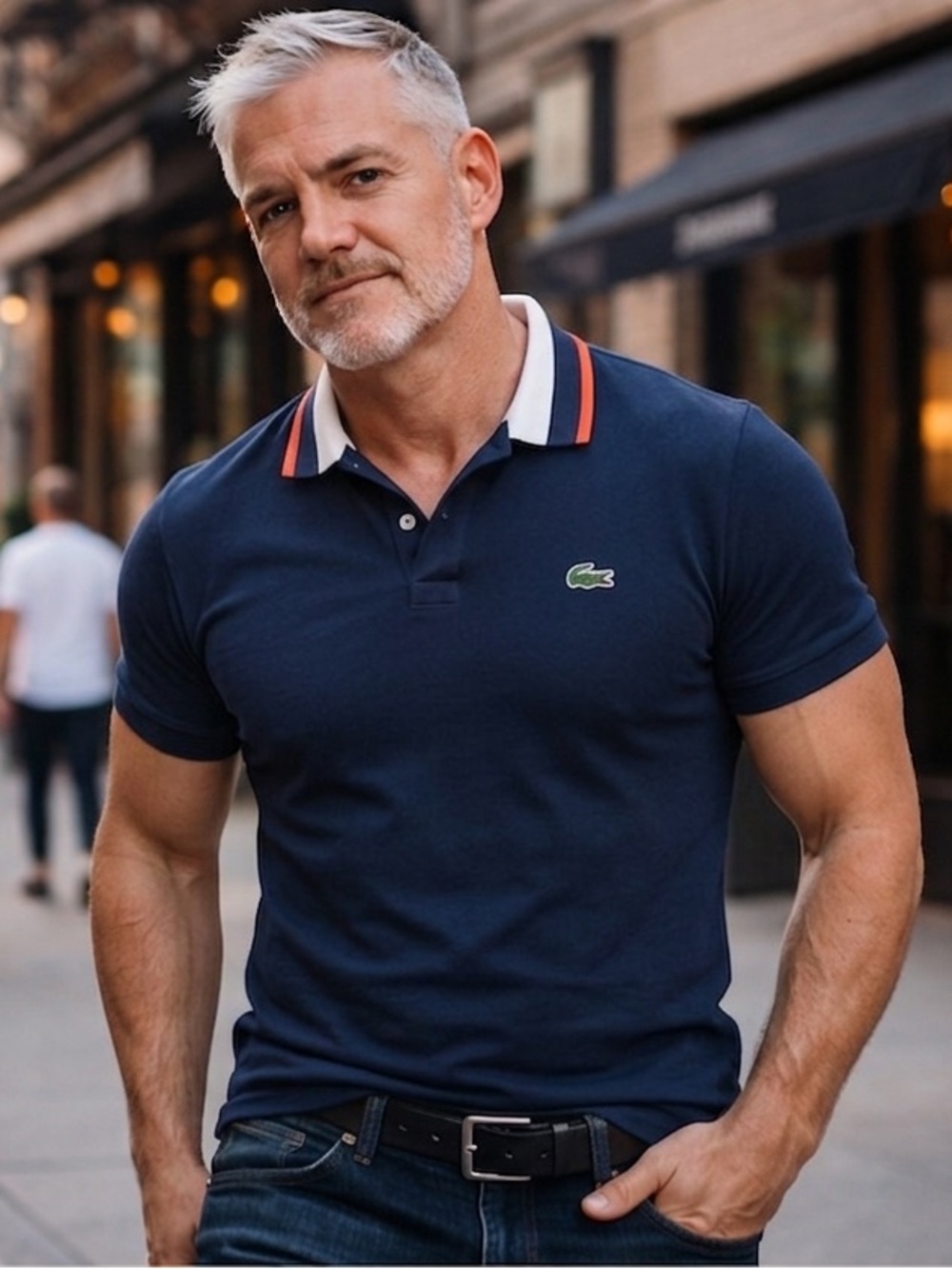 Lacoste Navy Polo with White and Red-Trim Contrast Collar